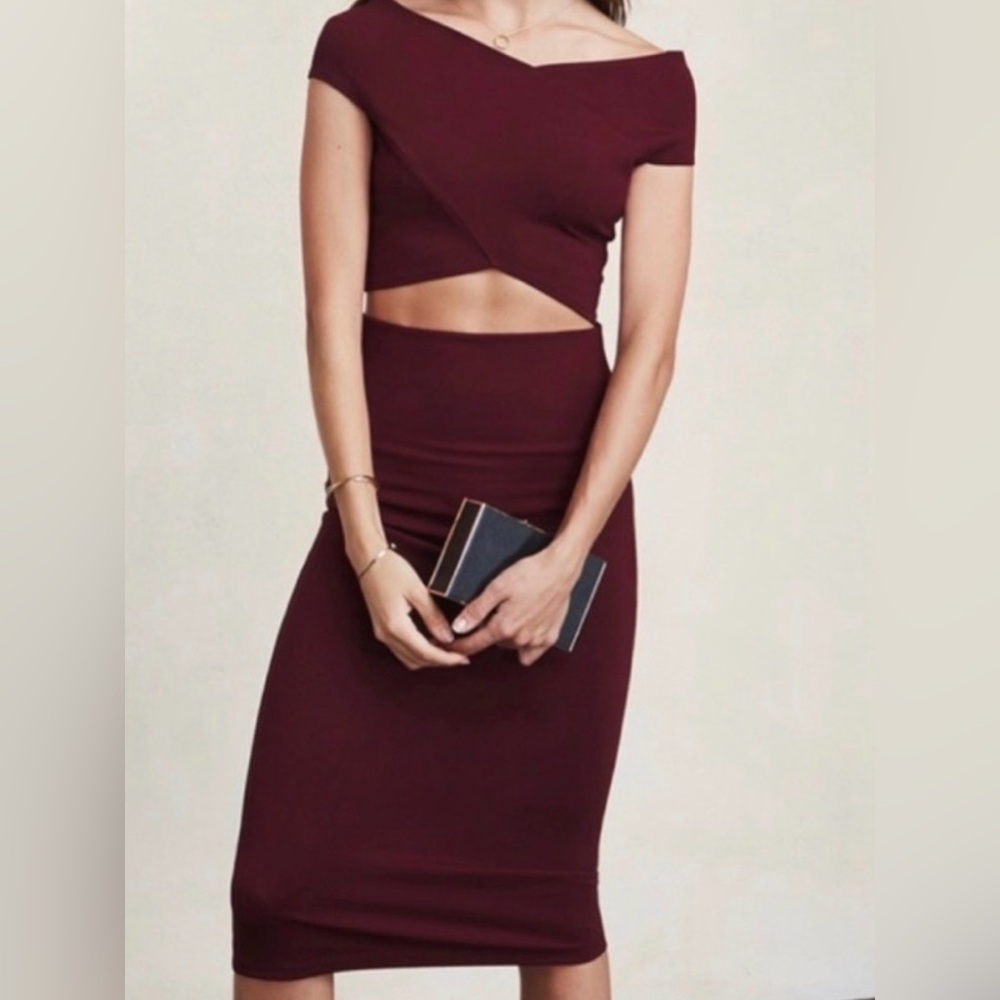Reformation Black and Burgundy Dress with Cutout Detail